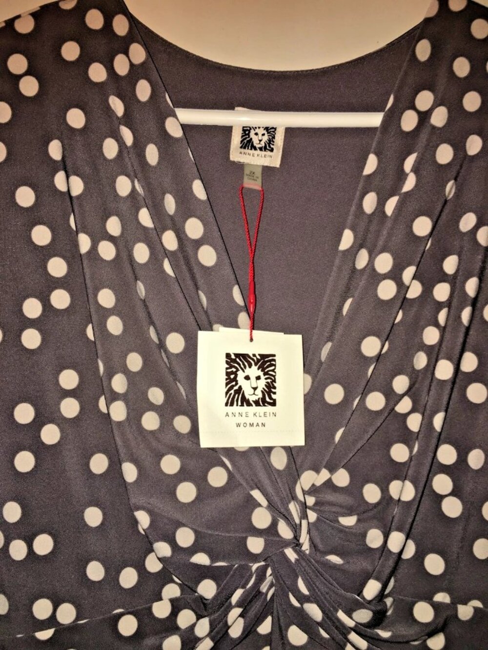 Anne Klein Dress Women’s Large Dot Draped Front Nantucket Grey Oyster Shell NWT